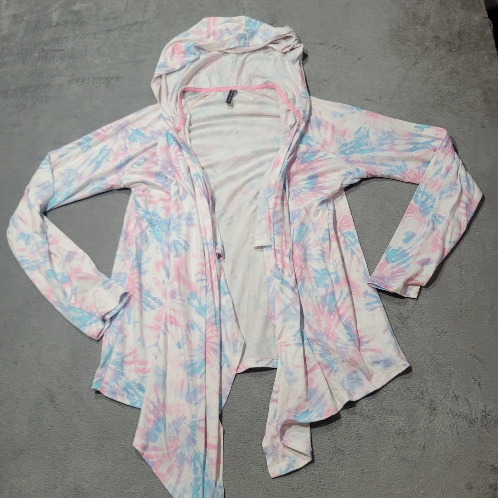 Jaclyn Intimates Cardigan Women Pink Blue Tie‎ Dye Hood Open Front Lounger Boho